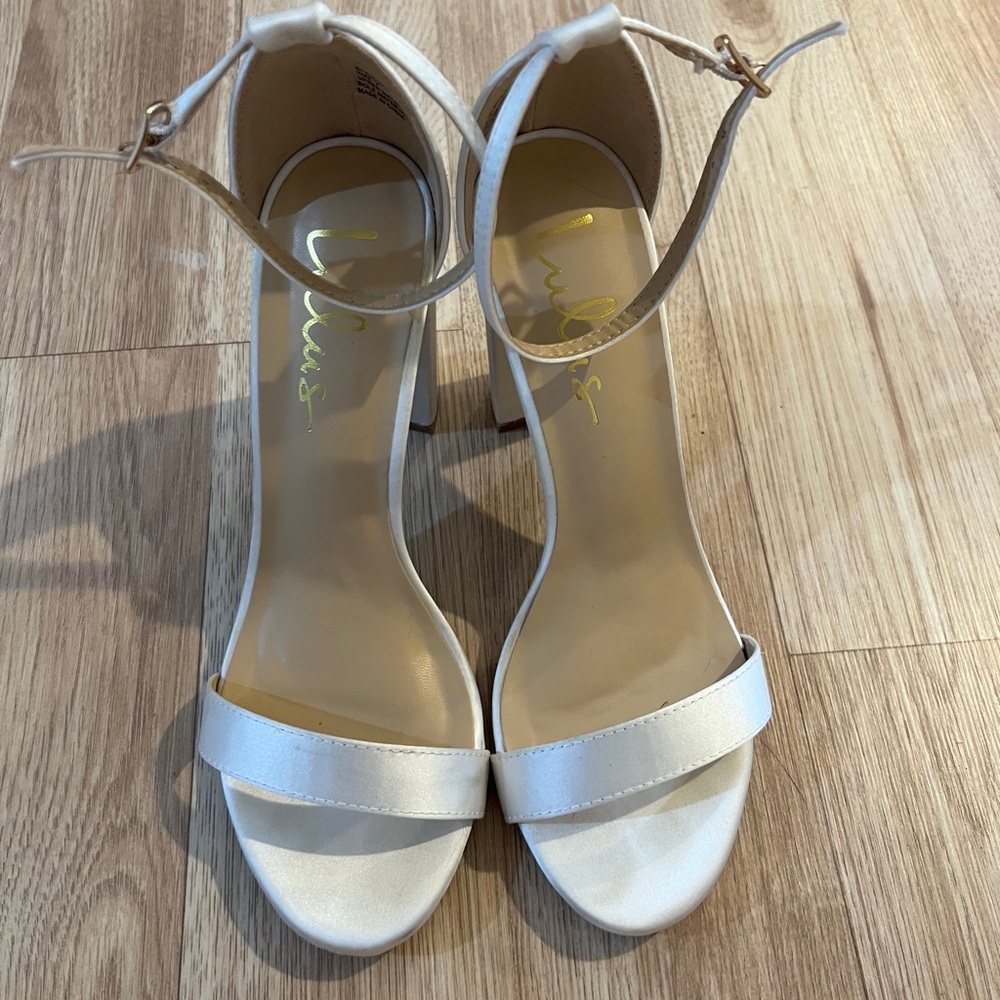 white silk lulus high highs, open toe with strap